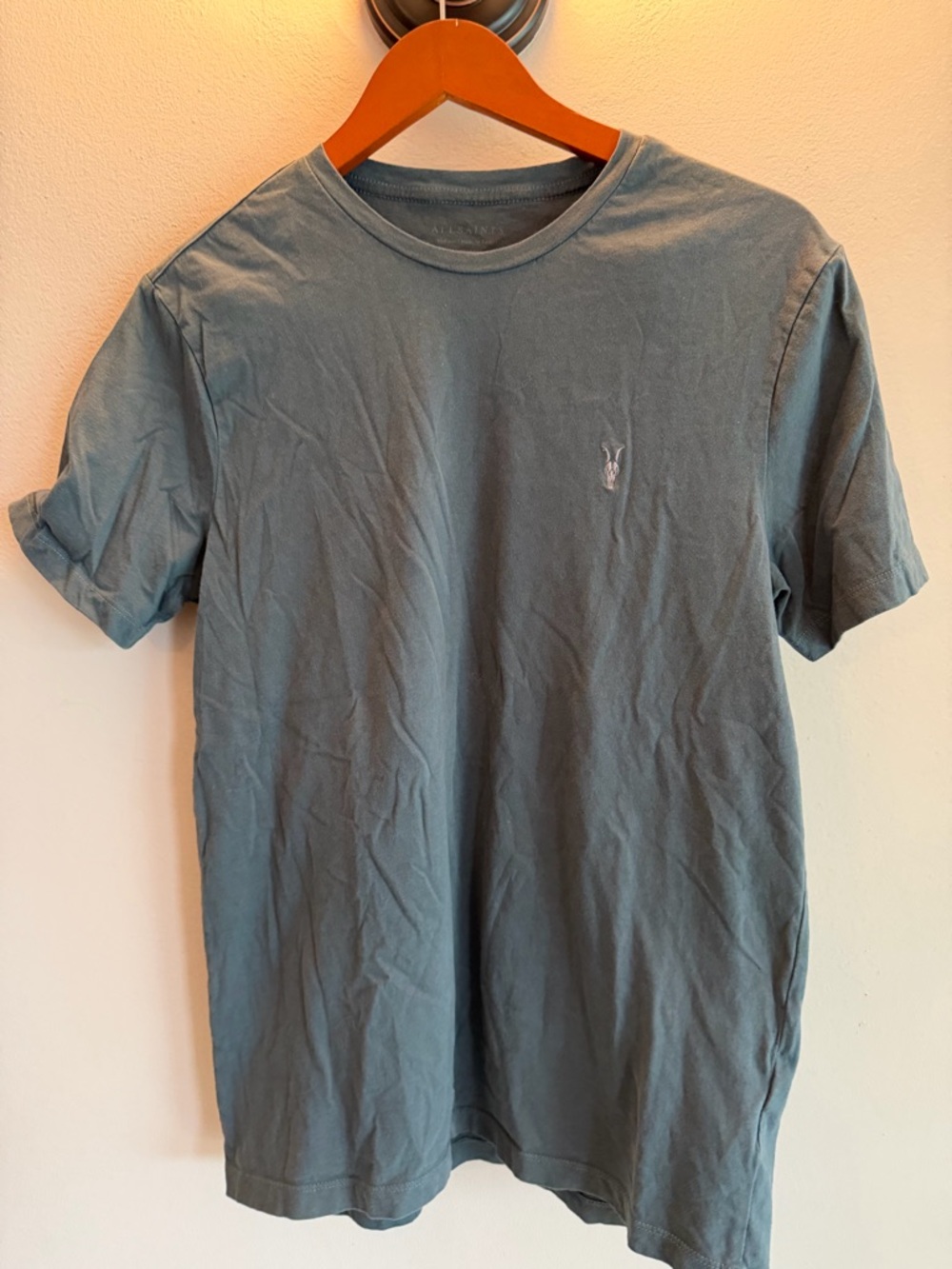 AllSaints Tonic Crew Neck T-Shirt Mens Medium Blue‎ Grey Ramskull Logo Cotton